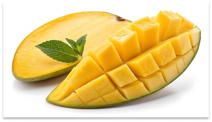 Vibrant yellow ripe mango, expertly sliced and garnished with fresh mint on white