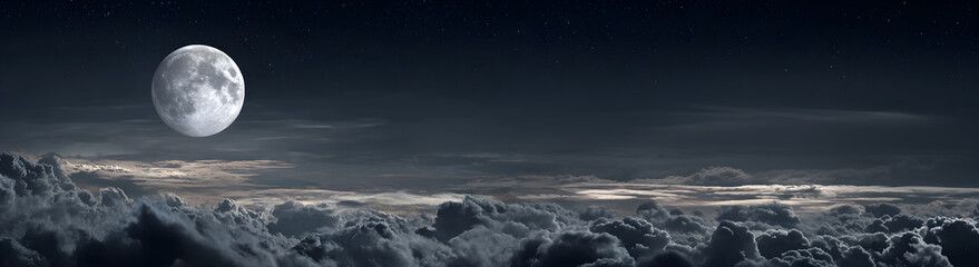 A clear night above the clouds, with a full moon and a few stars visible.