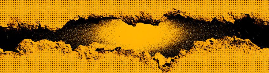 A yellow background with a tear in the middle, against a black background with halftone dots.