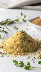 Aromatic breadcrumbs with fresh parsley and rosemary ready for cooking