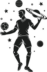 A surreal illustration of a man juggling a soccer ball and planets in a cosmic, starry setting