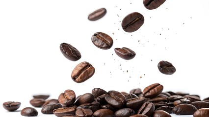 Coffee beans isolated on a white background with a heap of roasted brown beans