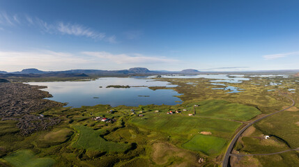 panorama landscape view of northern Myvatn Lake in northern Iceland