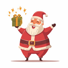 Cheerful cartoon Santa Claus holding up a sparkling green gift box with excitement and joy