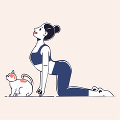 Woman practicing yoga in cobra pose next to a small cat illustration in a minimalist style