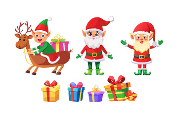 Fototapeta premium Cartoon Christmas collection. Xmas hats and New Year gifts. Santa Claus and elves helpers characters. Santas character mask, gift box, elfs legs and reindeer hat. Isolated vector icons set .vector ico