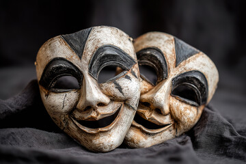 Masks displayed on dark fabric with focused details highlighting their design and textures for an art showcase or cultural event