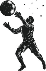 Dynamic black and white illustration of a goalkeeper reaching for a soccer ball during a game