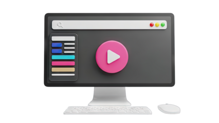 3D Computer Monitor Displaying a Pink Play Button on a Browser Window Interface with a Keyboard and Mouse on a Transparent Background Digital Technology Concept