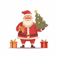 Cheerful cartoon Santa Claus holding a decorated Christmas tree and presents ready for holiday delivery