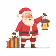 Cheerful cartoon Santa Claus holding a glowing lantern beside wrapped Christmas presents illustration