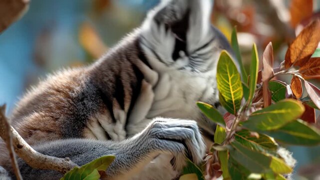 A close-up of a ring-tailed lemur with striking orange eyes, perched among green leaves. The lemur has a distinctive black and white face with a bushy tail.