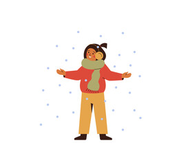 happy girl in winter clothes stands outdoors with open arms and enjoys the snowfall. female child in warm jacket and  scarf playing outside on snowing weather. vector