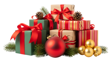 Stack of christmas gifts with ornaments isolated on transparent background