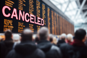 Canceled flight airport crowd, close up of people looking at large digital departure board, travel disruption, stressful atmosphere, modern terminal, blurred travelers, busy scene