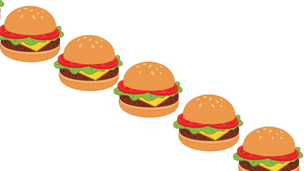A group of colorful cartoon hamburgers lined up on a in a diagonal line
