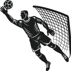 Goalkeeper diving to save a soccer ball near the goal net illustration
