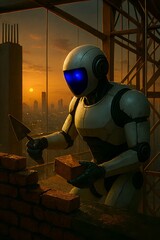 Humanoid robot bricklaying at a construction site during sunset, holding a brick and trowel, with city skyline and scaffolding in the background, showing automation in urban development.