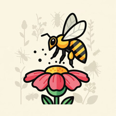 Cartoon honeybee pollinating a vibrant pink flower illustration.