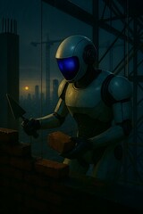 Humanoid robot bricklaying at a rainy construction site during dusk, holding a brick and trowel, with cranes and city skyline in the background, showing automation in harsh urban conditions.