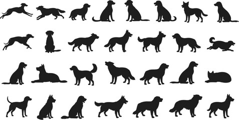 PrintDog breed silhouettes, black vector, pet poses, sitting, standing, running, lying down, animal diversity, canine illustration, posture grid