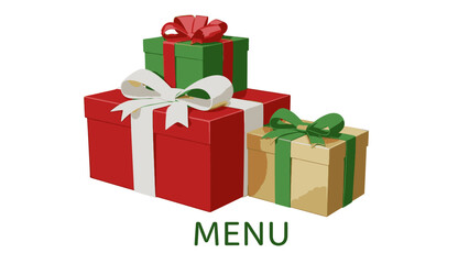 Three wrapped Christmas gifts in red, green, and beige with ribbons on a white background, celebrating Christmas Dat and Happy New Year 2026.