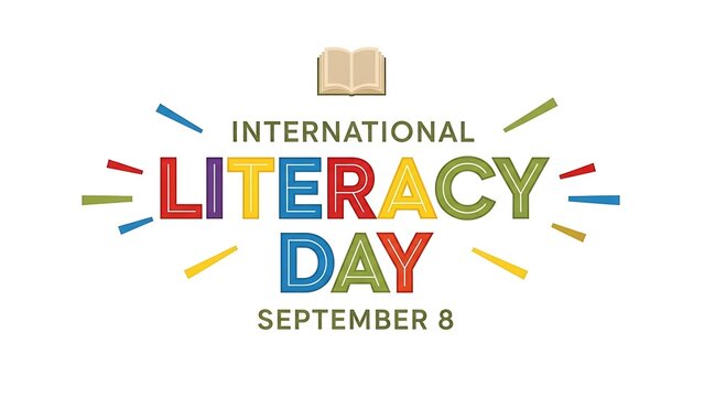 International literacy day logo with colorful design and book icon on white background - Powered by Adobe