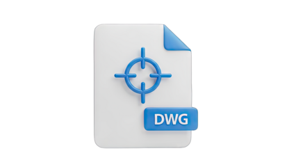 3D DWG file icon with blue crosshair target symbol on white paper document with blue fold and transparent background