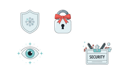 Flat lay of security icons including shield, padlock, eye, and credential on a white background, conveying a theme related to Christmas Dat and Happy New Year 2026 with a focus on