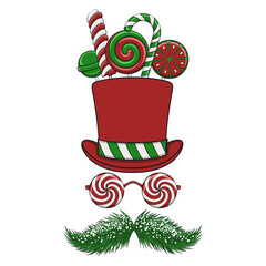 New Year's illustration featuring top hat, glasses made of candy canes, and Christmas tree mustache. Festive isolated vector objects on white background.