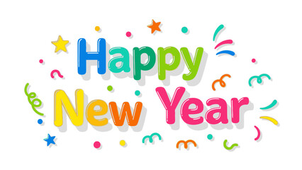 Colorful 'Happy New Year' text surrounded by festive confetti and stars on a white background, perfect for Christmas and New Year 2026 celebrations.