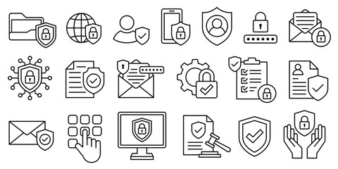 Fototapeta premium Privacy policy icon set vector. Safety, security, data protection, access, encryption, gear, cyber law, compliance, user rights, authentication, secure, document, file, information, network system.