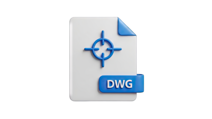 3D File Icon for DWG Format with Target Reticle Symbol on White Paper Document and Blue Ribbon Label Isolated on Transparent Background