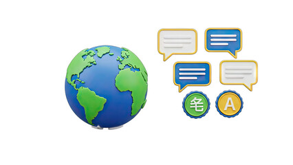 3D Globe with Communication Speech Bubbles and Translation Symbols Featuring Continents and International Communication Concept on Transparent Background