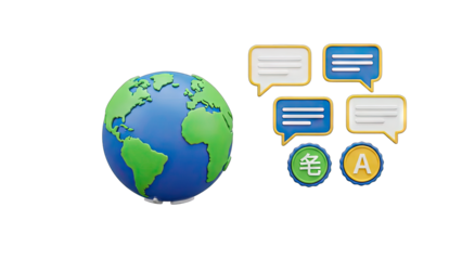 3D Globe with Communication Speech Bubbles and Translation Symbols Featuring Continents and International Communication Concept on Transparent Background