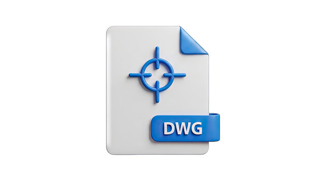3D File Icon for DWG Format with Target Reticle Symbol on White Paper Document and Blue Ribbon Label Isolated on Transparent Background