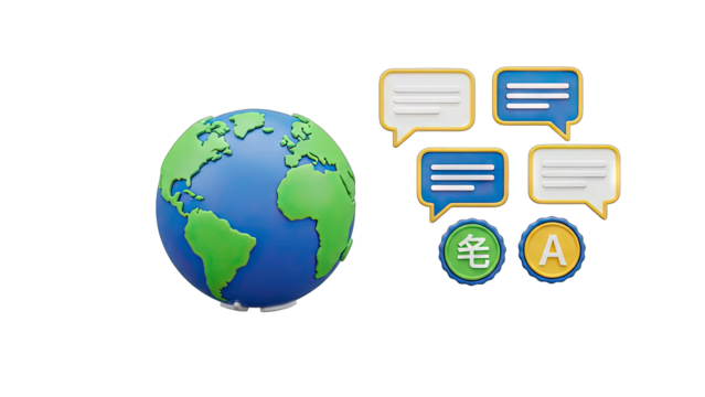 3D Globe with Communication Speech Bubbles and Translation Symbols Featuring Continents and International Communication Concept on Transparent Background - Powered by Adobe
