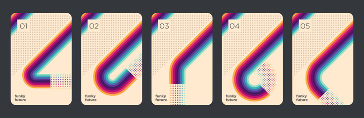 A set of a retro patterns in a simple colorful style and a doted texture. Vector illustration.