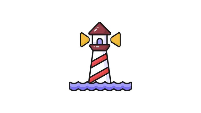 A tower containing a beacon light to warn or guide ships at sea, well designed icon animation of lighthouse