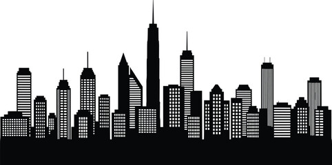 Fototapeta premium City skyline silhouette with tall skyscrapers and spire, urban architecture profile, metropolitan landscape illustration, modern cityscape design symbol of development