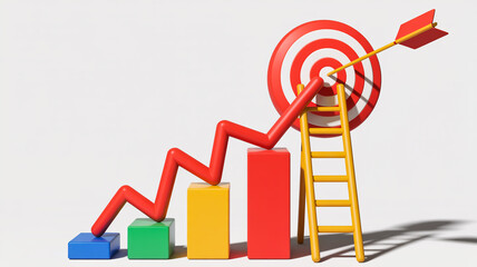A 3D business growth visualization with a red and white target at the top, featuring a red zigzag line ascending from left to right
