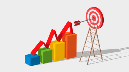 A 3D business growth visualization with a red and white target at the top, featuring a red zigzag line ascending from left to right