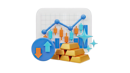 3D Gold Bars and Stock Market Chart with Up and Down Arrows on Transparent Background Financial Growth and Investment Concept