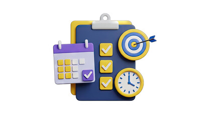 Obraz premium 3D Graphic Design of a Checklist Calendar Target and Clock Representing Planning Scheduling Goals and Time Management with a Purple and Yellow Color Scheme on a Black Background