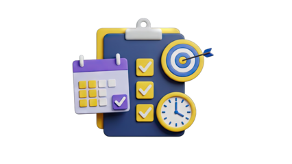 3D Graphic Design of a Checklist Calendar Target and Clock Representing Planning Scheduling Goals and Time Management with a Purple and Yellow Color Scheme on a Black Background