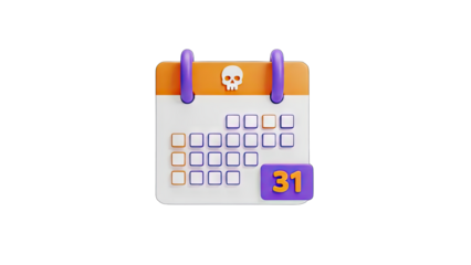 3D Halloween Calendar Displaying October 31st With Skull Icon On Transparent Background