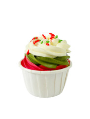 Christmas cupcake with cream cheese frosting and colorful sugar strand sprinkles