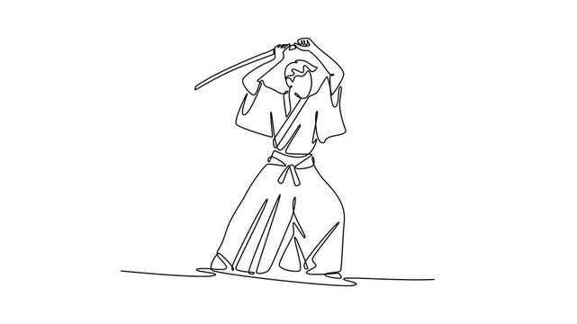 Animated self drawing of continuous line draw powerful samurai warrior holding sharp katana above his head in ready to strike position. The Japanese martial arts spirit. Full length one line animation