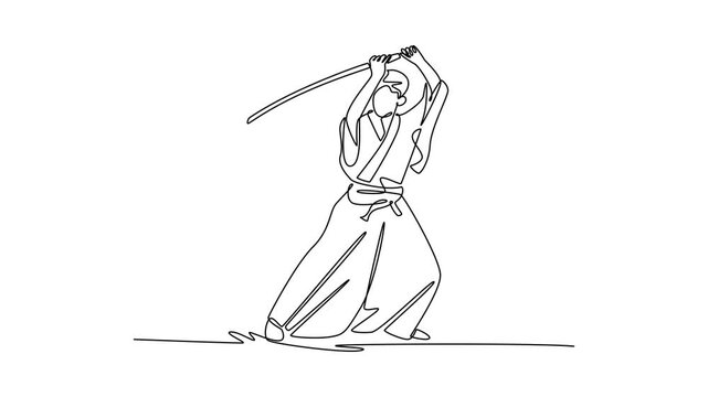 Animated self drawing of continuous line draw samurai warrior holding sharp katana above head, poised for powerful downward cut or strike. Focus, power, discipline. Full length single line animation