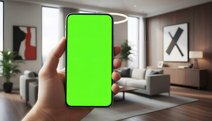 Hand holding mobile smartphone with blank green screen chroma key for mockup in modern living room with grey sofa art frame and wooden floor background for home design app display